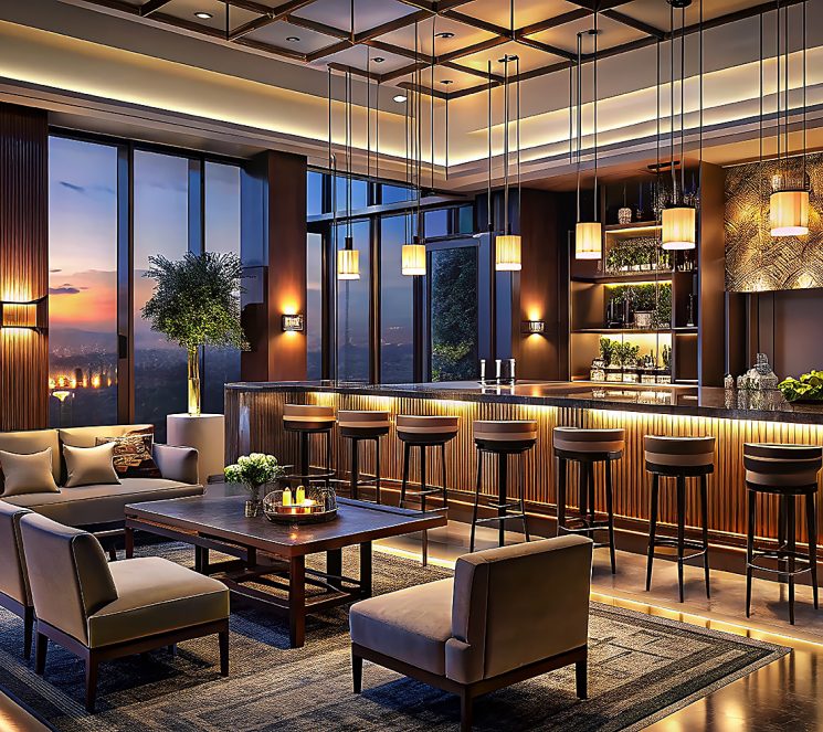 Elegant Night Photography of a Luxurious Hotel Lobby Bar Interior